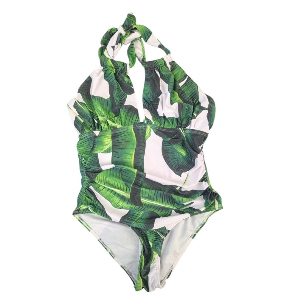 Tropical Banana Leaf Halter One Piece Swimsuit Green White Med Resort Vacation